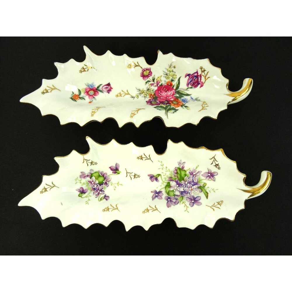Vintage Dresden Style Leaf Dish Lot of 2 Hand Painted Floral Flowers Gold Trim